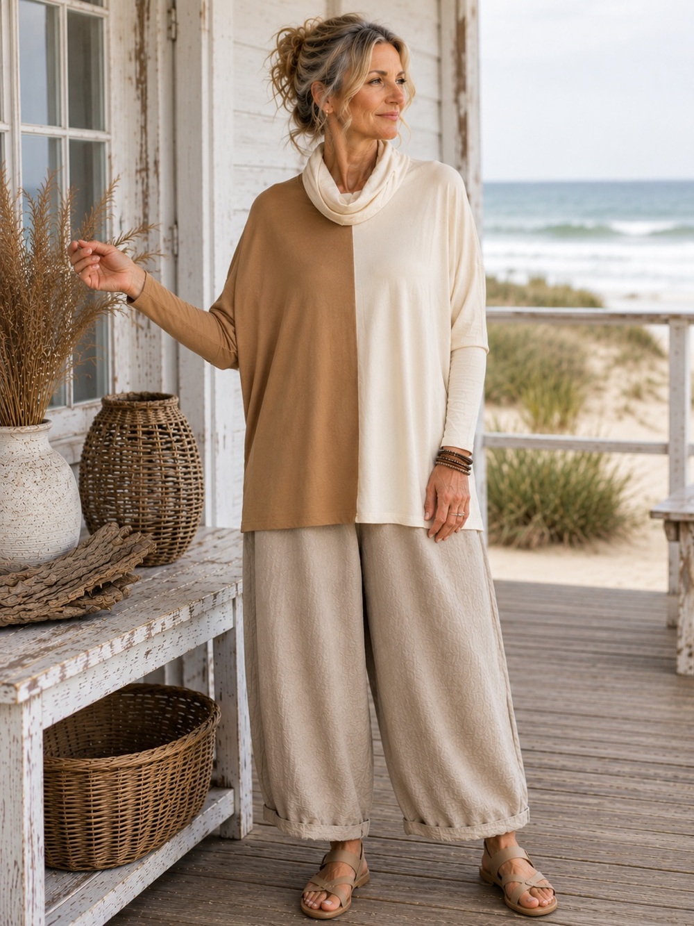Wynne Layers Colorblock Tunic Top XL Beige Ivory Oversized Dolman Soft Knit